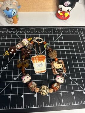Hello Kitty Brown Leopard Print Beaded Charm Keychain